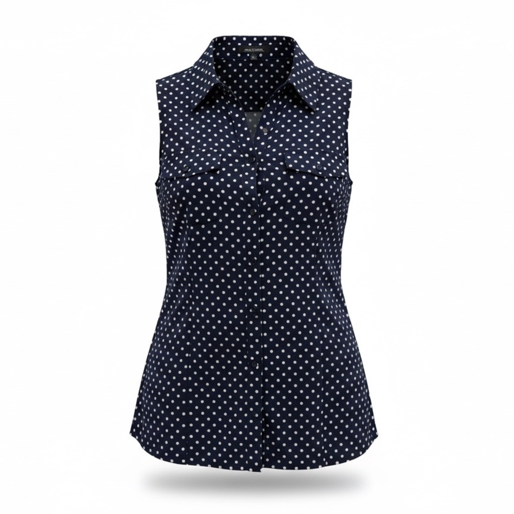 Notations Navy Blue Polka Dot Sleeveless Blouse Button Down Shirt Size L